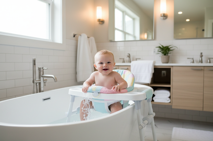 Baby safely seated in bath support rack